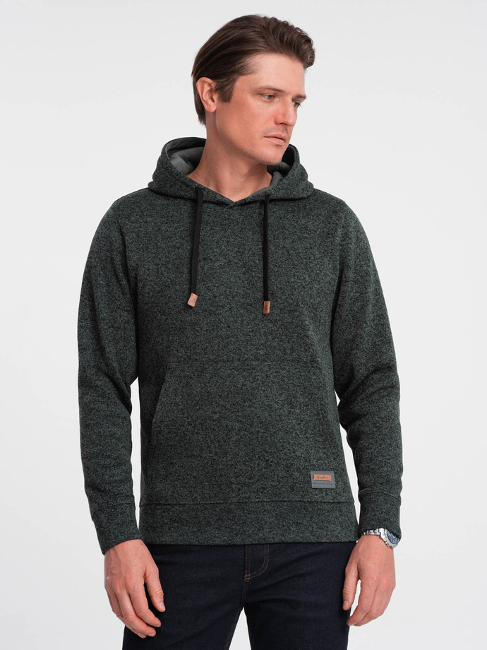 Bluza męska nierozpinana kangurka z kapturem - oliwkowy melanż V3 OM-SSNZ-0147