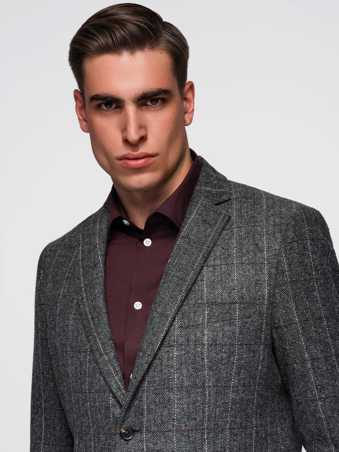 Elegancka męska marynarka w kratkę z domieszką wełny – szara V1 OM-BLZB-0137