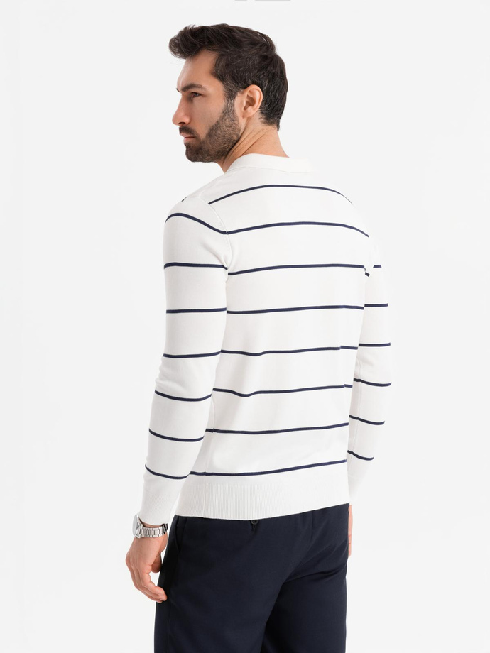 Męski longsleeve polo w poziome paski z wiskozą – biało-granatowy V2 OM-POLS-0146