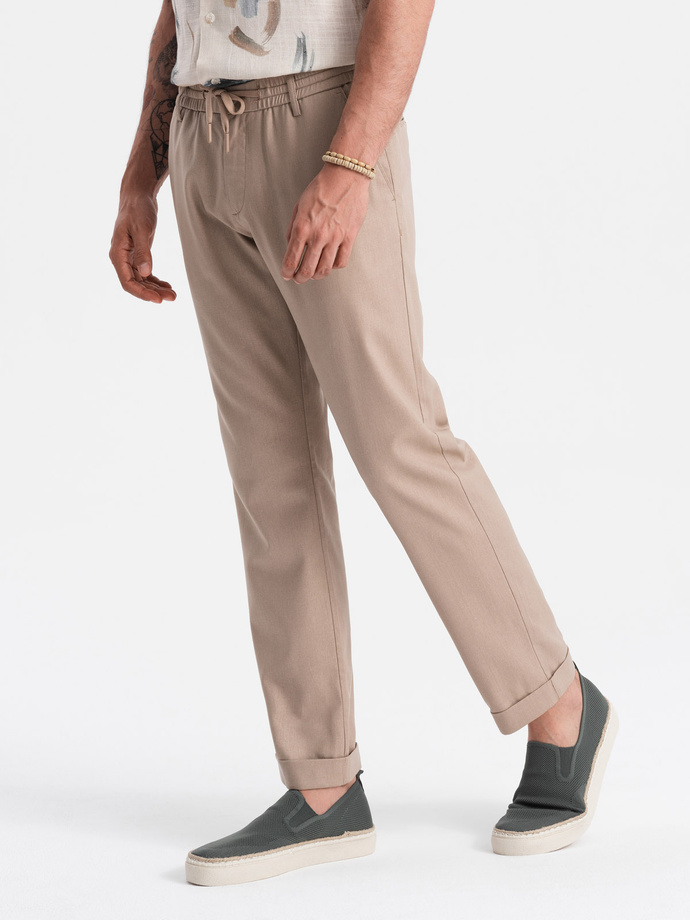 Men's linen blend rolled up chino pants - light brown V3 OM-PACP-0198