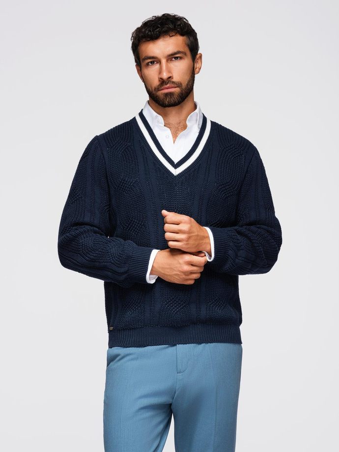 Knitted monochrome men's viscose cardigan - navy blue V1 OM-SWCD-0126