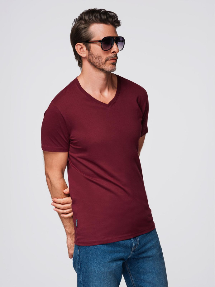 BASIC men's cotton classic tee shirt with a v-neck - maroon V10 OM-TSBS-0237