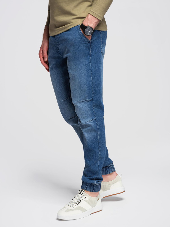 Men's wash-effect denim JOGGERS pants - blue V2 OM-PADJ-0267
