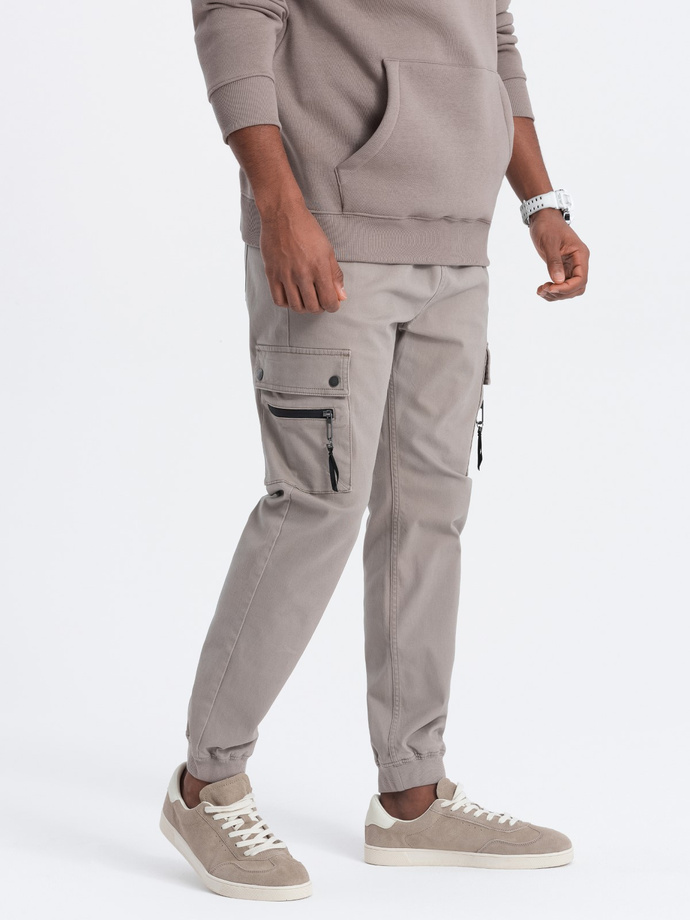 Men's JOGGER pants with zippered cargo pockets - dark beige V2 OM-PAJO-0125