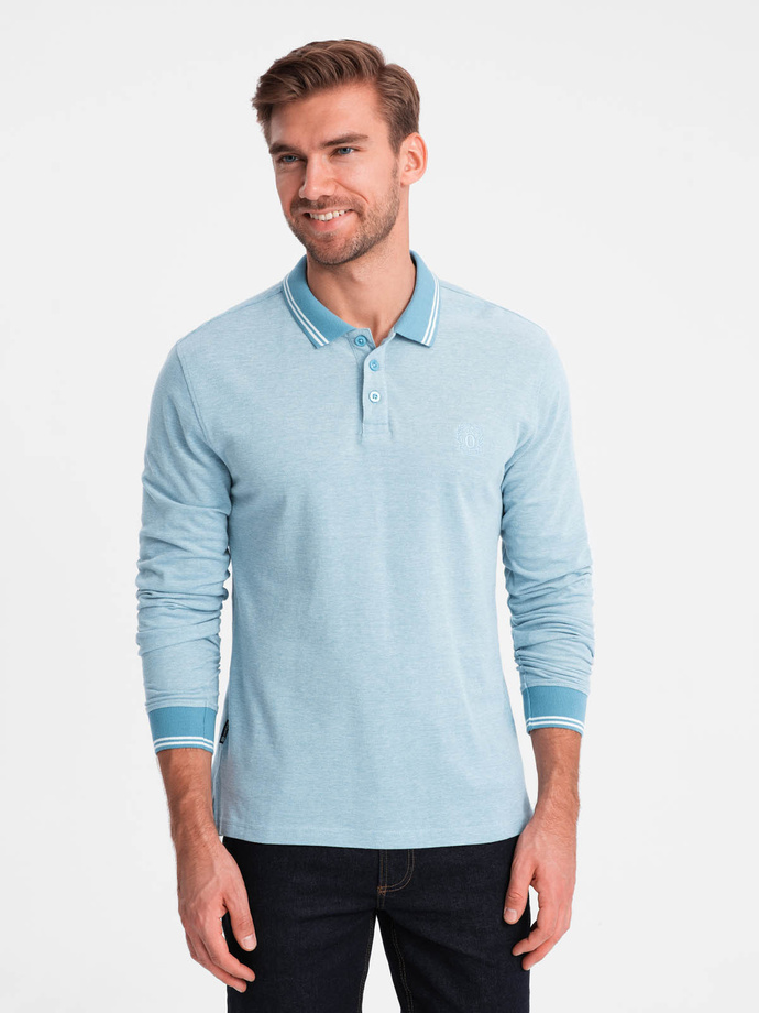 Melanżowy longsleeve męski polo z haftem – niebieski melanż V3 OM-POLS-0129 