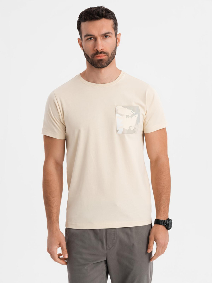 Męski bawełniany t-shirt z printowaną kieszonką  – kremowy V2 OM-TSPT-0228