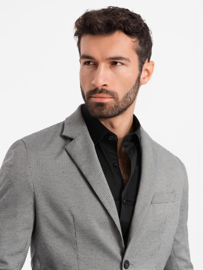 Marynarka męska casual w delikatną kratkę - szara V2 OM-BLZB-0116
