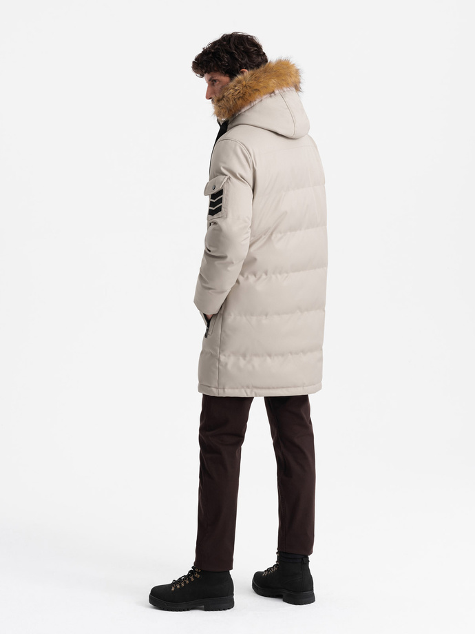 Men's long warm parka jacket with hood - beige V5 OM-JALJ-0182
