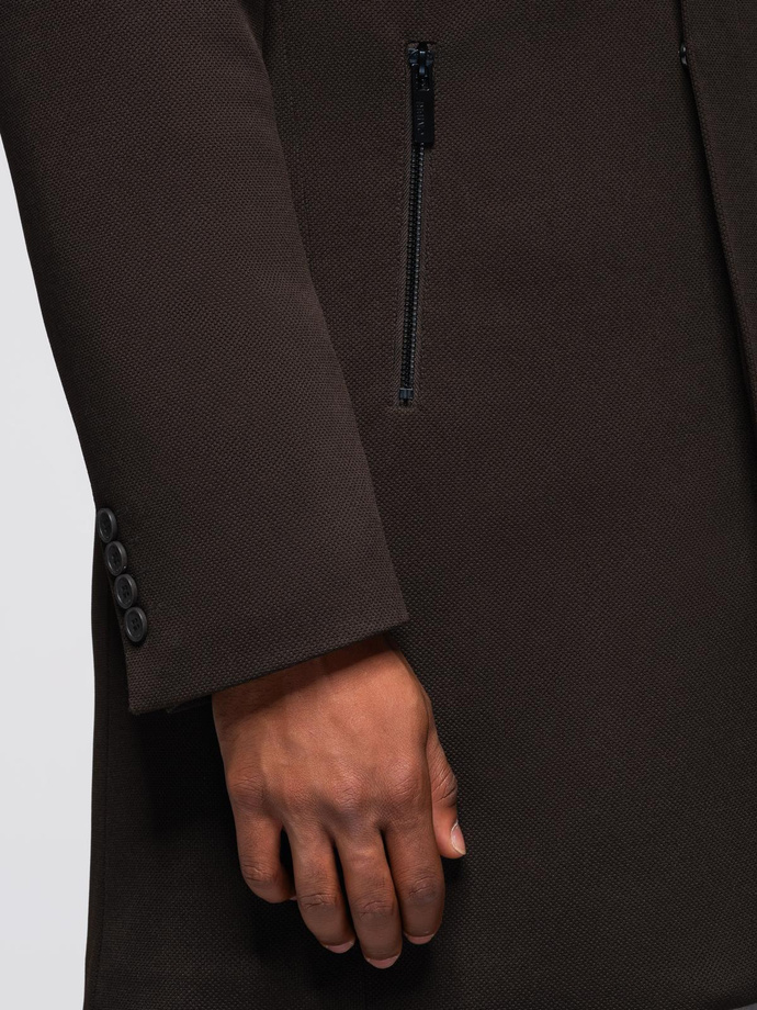 Men's coat with asymmetrical fastening and high collar - light brown V4 OM-COWC-0120