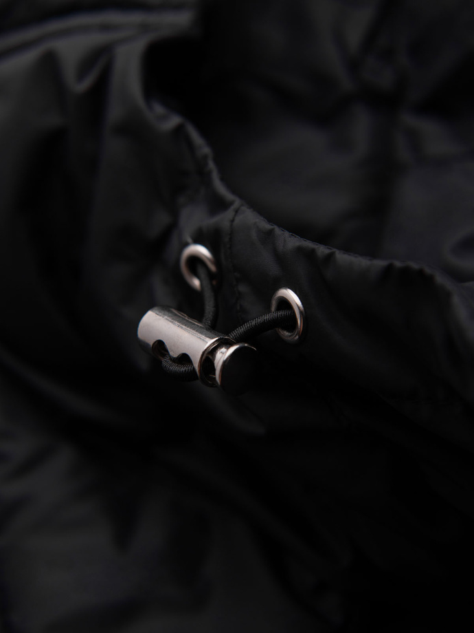 Men's quilted jacket with combined materials and hood - navy blue V3 OM-JALJ-0266