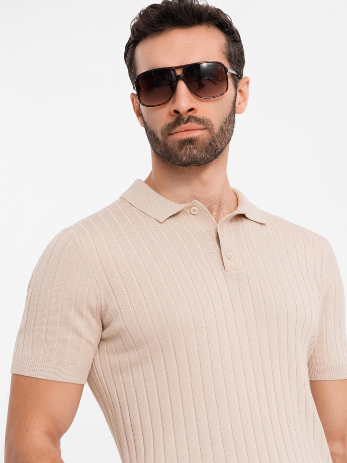 Men's SLIM FIT viscose vertical striped polo shirt - beige V2 OM-POSS-0143