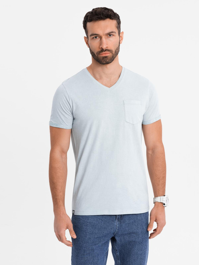 Męski bawełniany t-shirt V-neck z dzianiny z efektem sprania - szary V8 OM-TSWT-0242