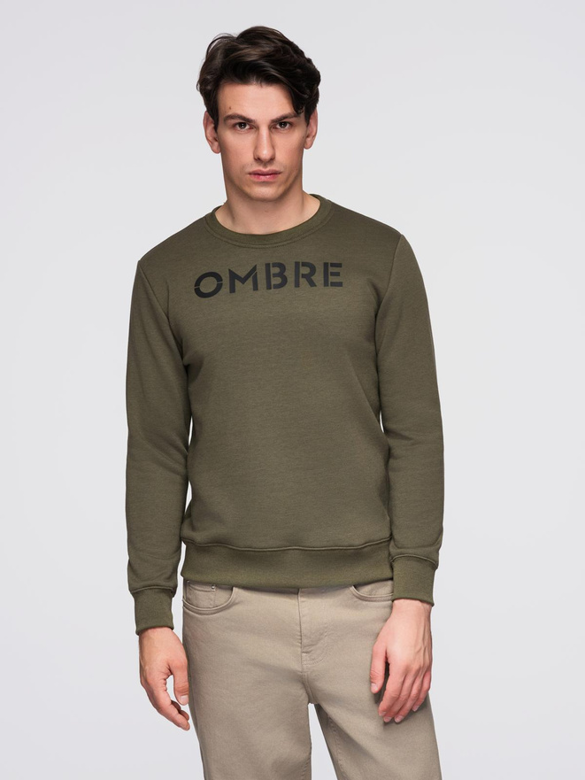 Classic men's sweatshirt with inscription - dark olive V2 B1711