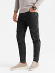 Jeansowe spodnie cargo SLIM FIT z efektem wybielania – czarne V2 OM-PADP-0176