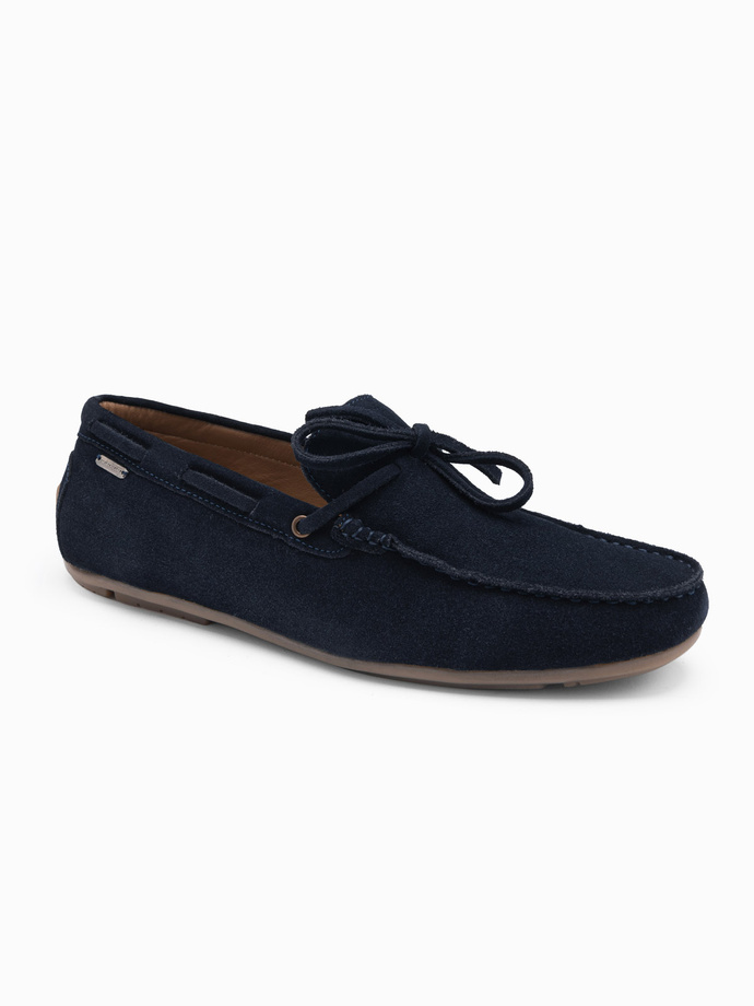Męskie buty mokasyny skórzane z rzemykiem i podeszwą driver - granatowe V4 OM-FOCS-0150