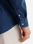 Men's denim shirt with lyocell and embroidery on chest - dark blue V1 OM-SHDS-0180