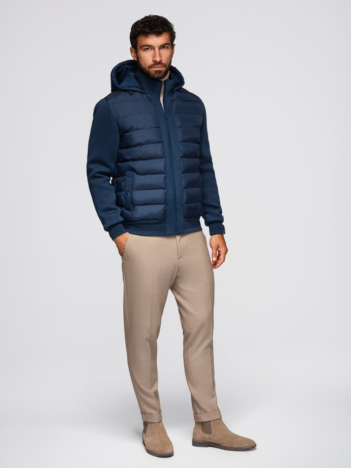 Quilted bomber jacket with hood and knitted sleeves - navy blue V2 OM-JALP-0298
