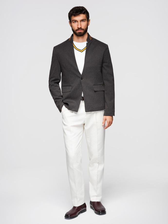 Melanżowa marynarka męska z dodatkiem rayonu ze stójką – czarny melanż V5 OM-BLZB-0131