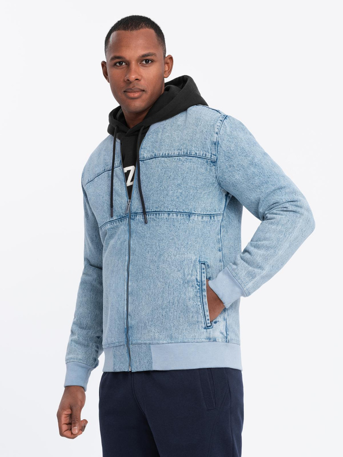 Men's denim bomber jacket with stone wash effect - light blue V3 OM-JADJ-0163
