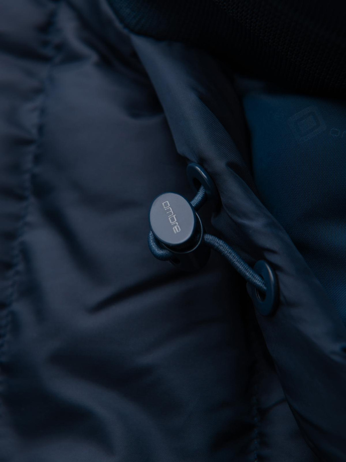 Quilted bomber jacket with hood and knitted sleeves - navy blue V2 OM-JALP-0298