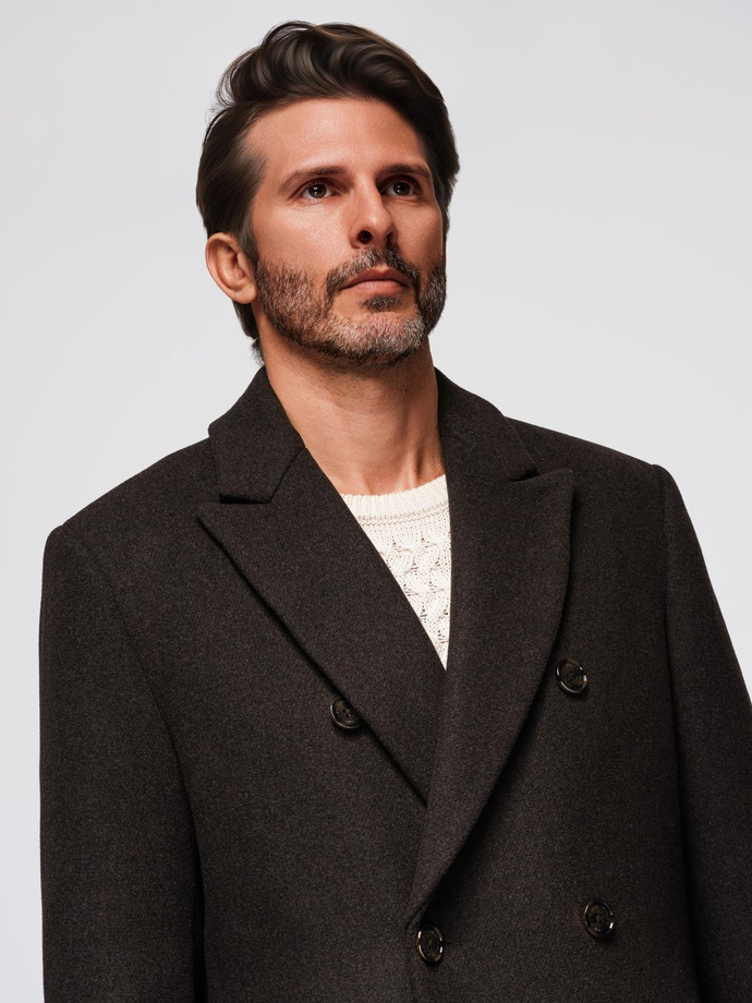 Men's coat with asymmetrical fastening and high collar - light brown V4 OM-COWC-0120