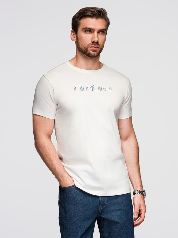 Men's T-shirt with embroidery on chest - white V2 OM-TSPT-0248