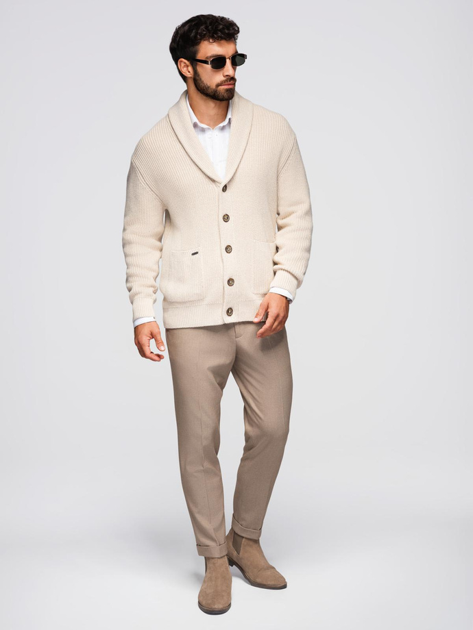 Men's cotton cardigan sweater with shawl collar - beige V2 OM-SWCD-0153