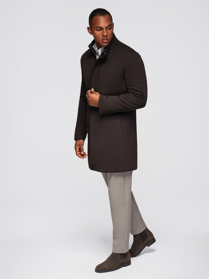 Men's coat with asymmetrical fastening and high collar - light brown V4 OM-COWC-0120