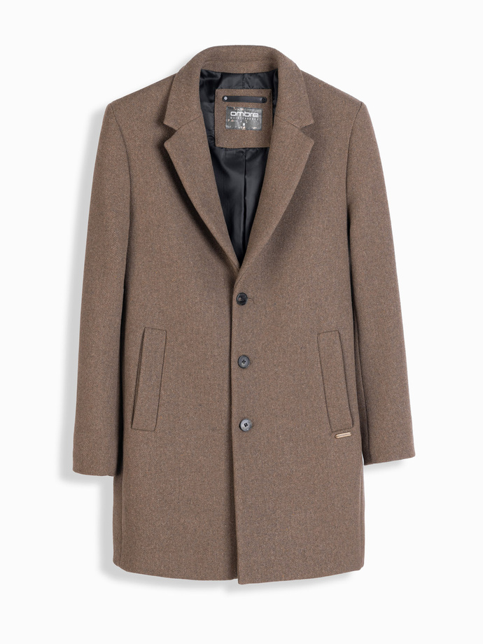 Elegancki jednorzędowy męski płaszcz z wełną – brązowy V1 OM-COWC-0114