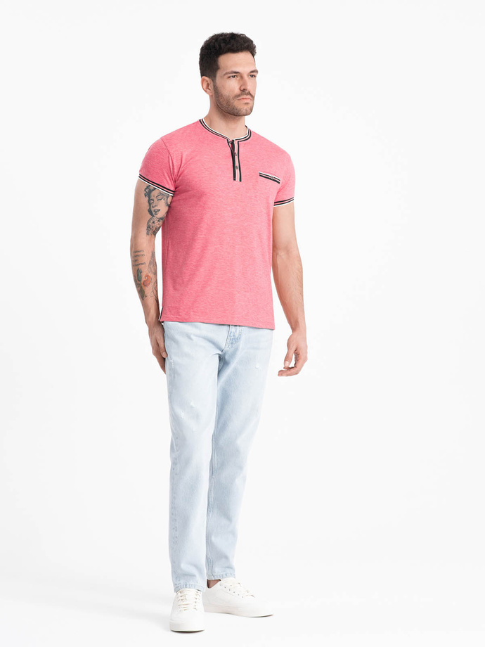 T-shirt męski henley z ozdobnymi ściągaczami - czerwony V1 OM-TSCT-0175