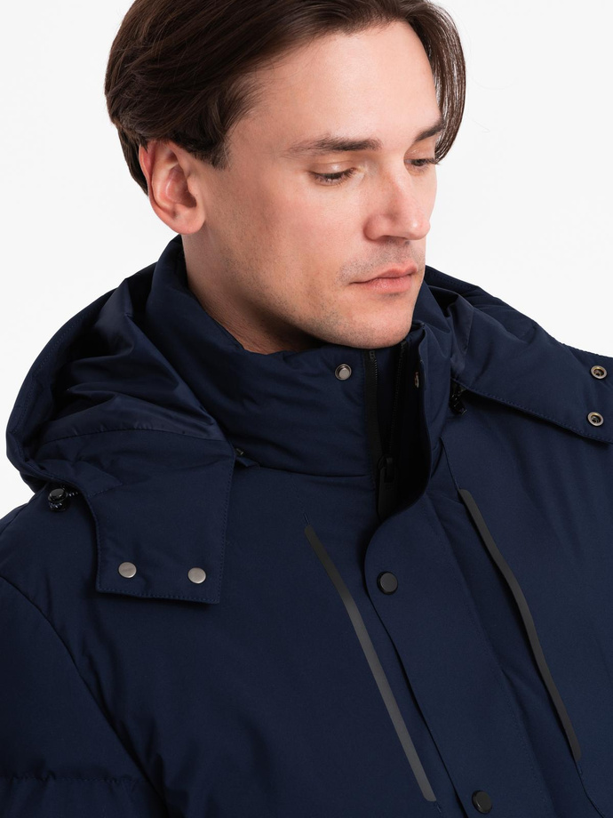 Men's winter jacket with detachable hood made of waterproof material - navy blue V1 OM-JAHP-0306