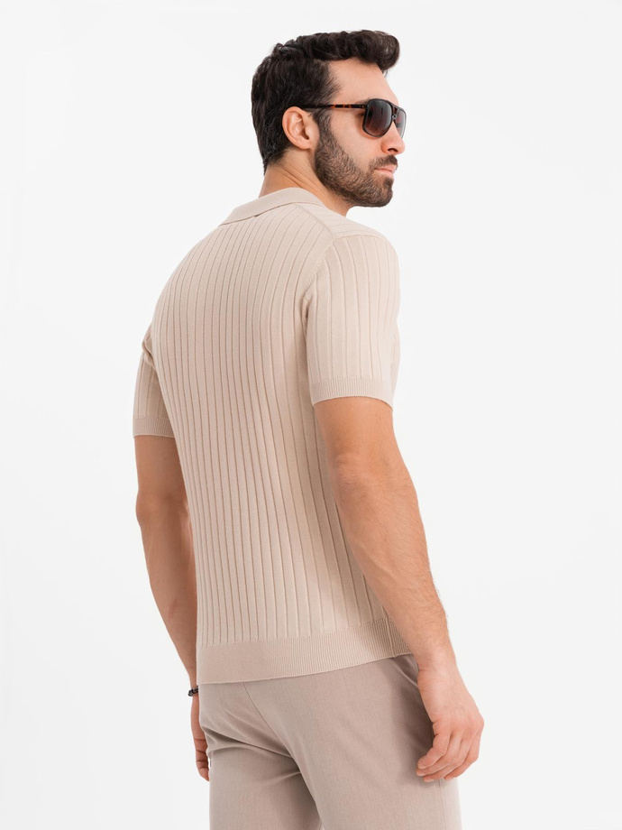 Męska koszulka polo z wiskozą SLIM FIT w pionowy prążek – beżowa V2 OM-POSS-0143