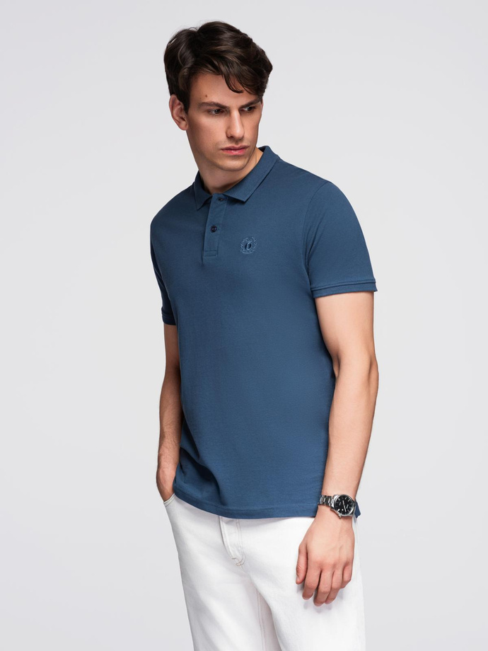 BASIC men's single color pique knit polo shirt - dark blue V13 OM-POBS-0100