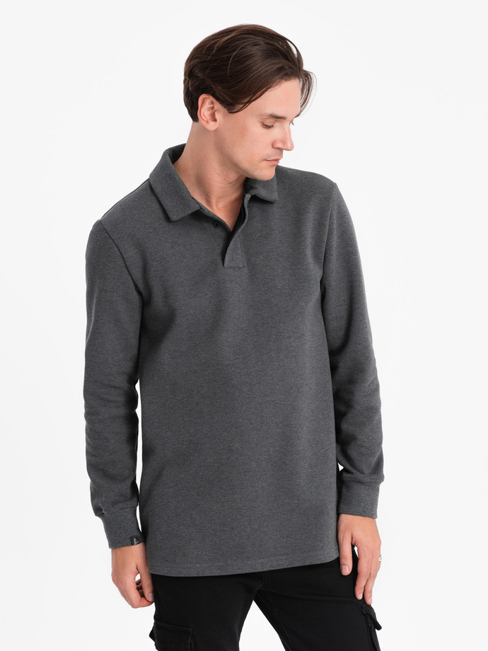 Bluza męska z kołnierzykiem polo ze strukturalnej dzianiny - grafitowy melanż V1 OM-SSNZ-0149