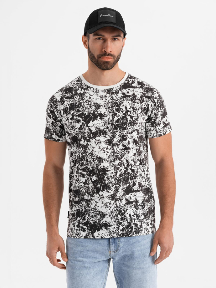 Men's patterned cotton short sleeve T-shirt - white and black V2 OM-TSFP-0223