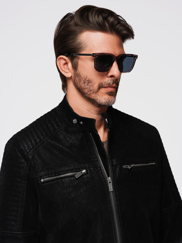 Stylish men's eco leather biker jacket with collar - black V2 C637