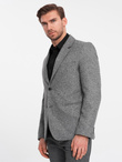 Men's casual blazer with decorative pin on lapel - grey melange V1 OM-BLZB-0120