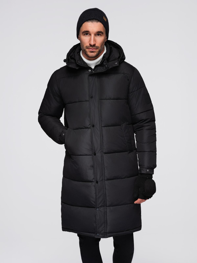 Men's quilted long jacket with detachable hood - black V1 OM-JALJ-0190