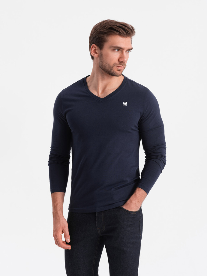 Longsleeve męski z elastanem sygnowany z dekoltem w serek - granatowy V2 OM-LSCL-0110