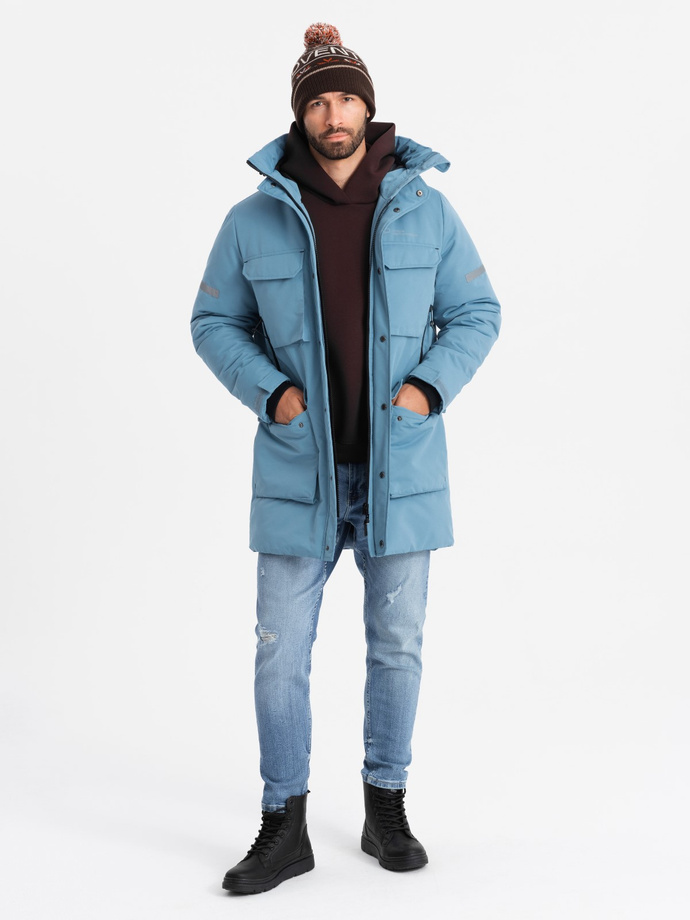 Insulated long men's jacket with reflective elements - blue V4 OM-JALJ-0169