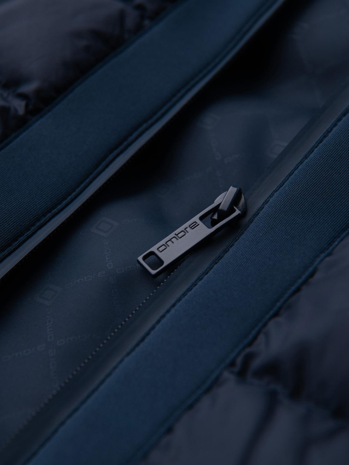 Quilted bomber jacket with hood and knitted sleeves - navy blue V2 OM-JALP-0298