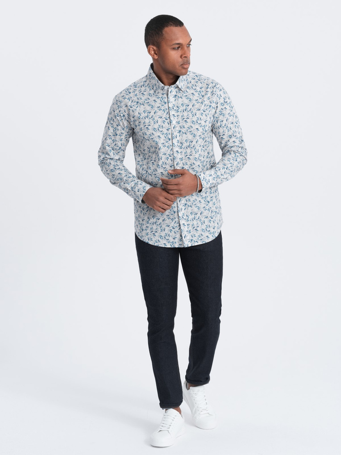 Men's SLIM FIT shirt in twig print - blue-gray V2 OM-SHPS-0163