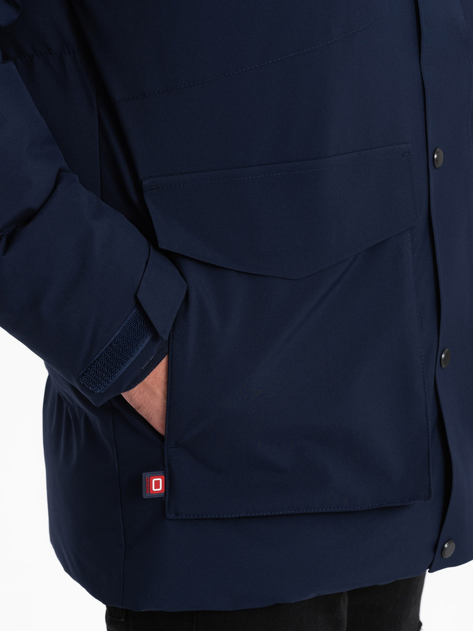 Men's winter jacket with detachable hood and cargo pockets - navy blue V1 OM-JAHP-0152