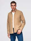 Men's REGULAR FIT cotton shirt with pocket - light brown V2 OM-SHOS-0153