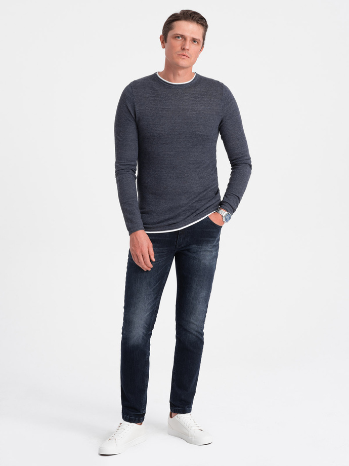 Men's cotton sweater with round neckline - navy blue melange V3 OM-SWSW-0103