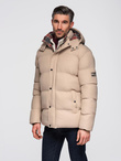 Men's puffer jacket with check lining - beige V2 OM-JAHP-0205