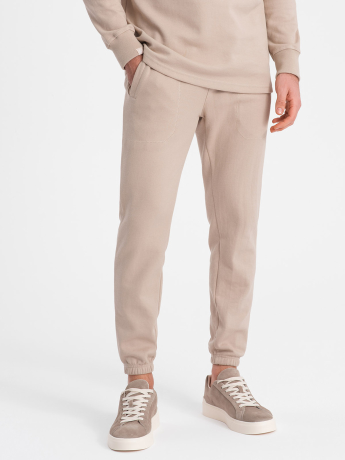 Komplet męski dresowy bluza z kołnierzem polo + spodnie - beżowy V2 Z71