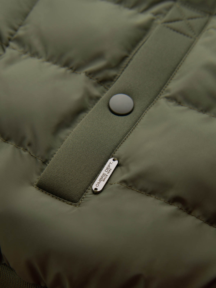 Men's quilted bomber jacket with high collar - dark olive green V3 OM-JALP-0140