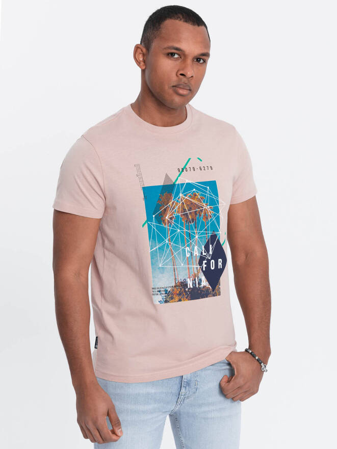 Męski t-shirt bawełniany z nadrukiem California - różowy V2 OM-TSPT-0128