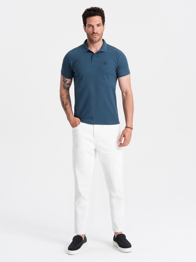 BASIC men's single color pique knit polo shirt - dark blue V13 OM-POBS-0100